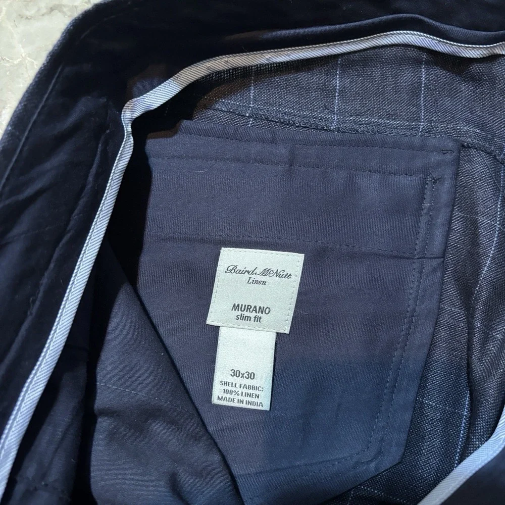 Murano Baird McNutt 100% Linen Pants Mens 30x30 Slim Fit Blue Windowpane Beach